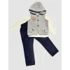 3-4-5 Yaş Fitilli Kadife Pantolon Kapitone Kapşonlu Yelek Uzun Kollu Sweat 3lü Erkek Çocuk Takımı
