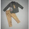 3-4-5 Yaş Kravatlı Keten Gömlek Gabardin Pantolon Uzun Kollu 3lü Erkek Çocuk Takımı