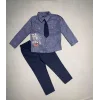 3-4-5 Yaş Kravatlı Keten Gömlek Gabardin Pantolon Uzun Kollu 3lü Erkek Çocuk Takımı