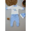 3-6 6-9 9-12 Ay Full Star Nakışlı Şapkalı Uzun Kollu Sweat 3lü Erkek Bebek Takımı