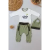 3-6 6-9 9-12 Ay Gentleman Erkek Nakışlı Şapkalı Uzun Kollu Sweat 3lü Erkek Bebek Takımı