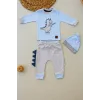 3-6 6-9 9-12 Ay Minik Dino Nakışlı Şapkalı Uzun Kollu Sweat 3lü Kız-erkek Bebek Takımı