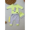 3-6 6-9 9-12 Ay Minik Dino Nakışlı Şapkalı Uzun Kollu Sweat 3lü Kız-erkek Bebek Takımı