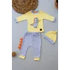 3-6 6-9 9-12 Ay Minik Dino Nakışlı Şapkalı Uzun Kollu Sweat 3lü Kız-erkek Bebek Takımı