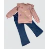 4-5-6 Yaş Kot Pantolonlu Flamingo Desenli Penye Sweat Uzun Kollu 2li Kız Çocuk Takımı