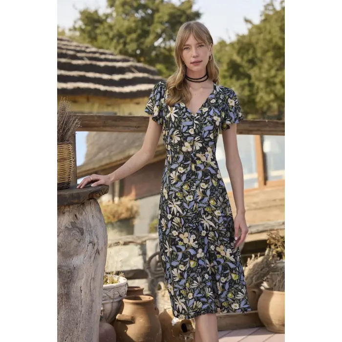 LYYN %100 Viskon Desenli Önden Düğmeli Elbise