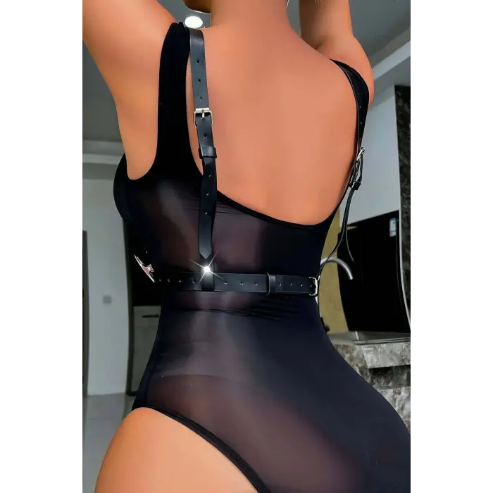 LYYN Boyun Detaylı Siyah Deri Harness - Brf409