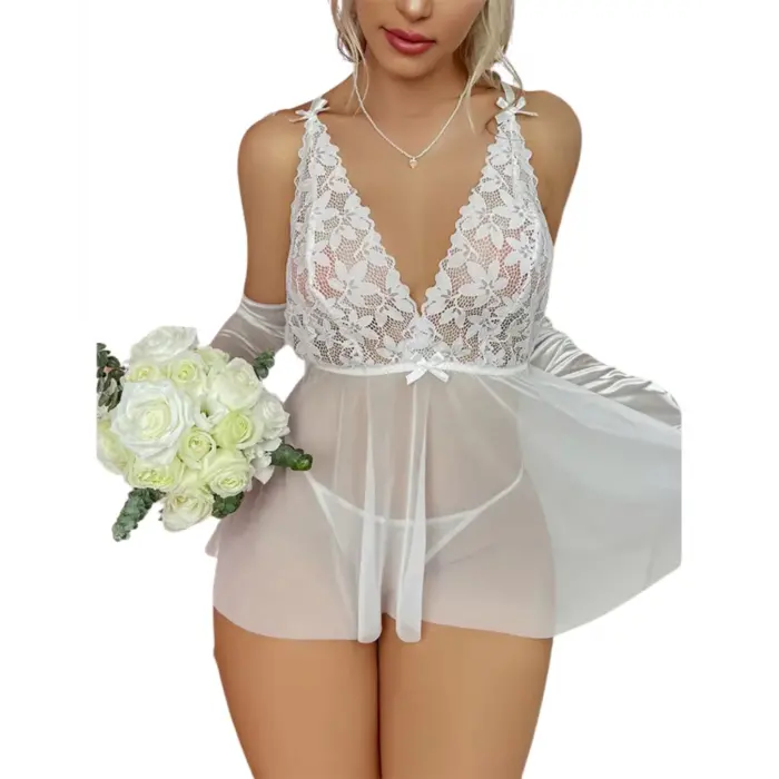 LYYN Fantezi Beyaz Dantelli Transparan Tül Etekli Seksi Elbise Gecelik