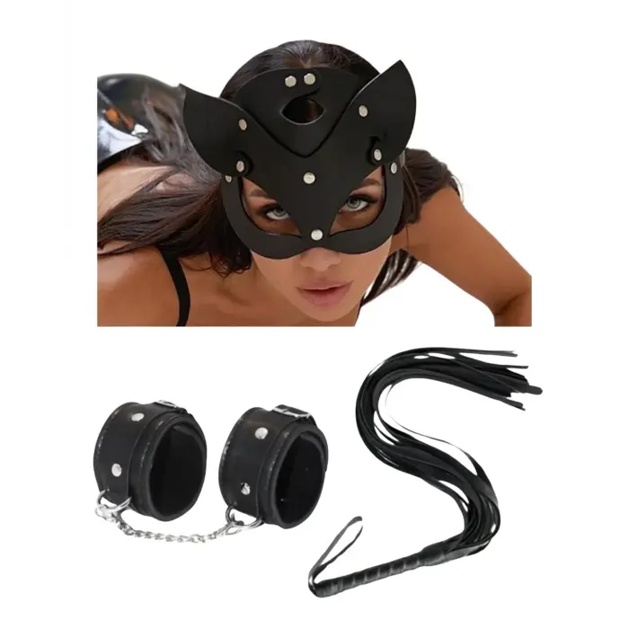 LYYN Fantezi Deri Seksi Siyah Kedi Maske Kelepçe Kırbaç Seti ( 3lü Set)