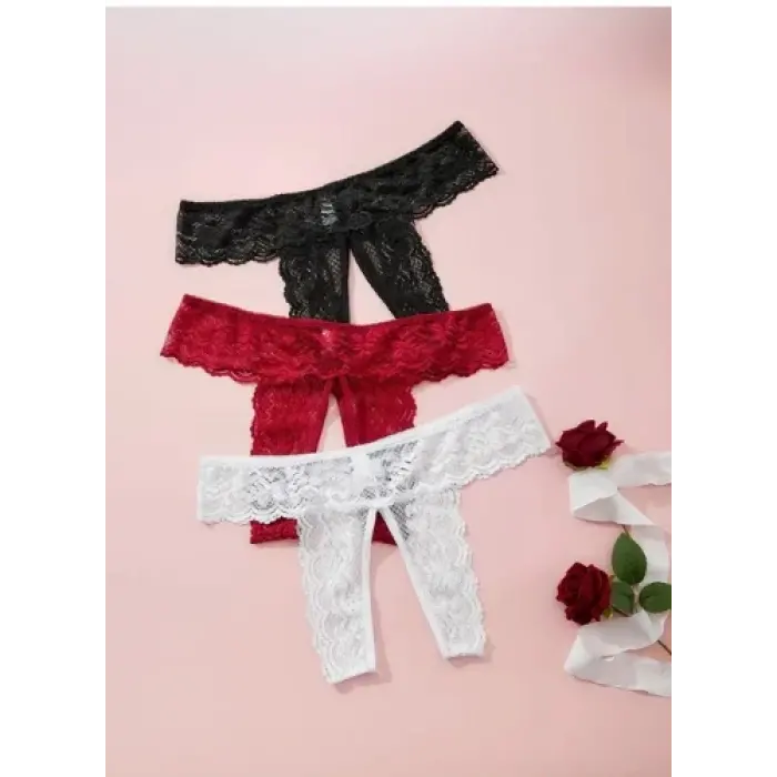 LYYN Fantezi Kadın 3lü Özel Bölgeleri Açık Dantelli Tanga Seti
