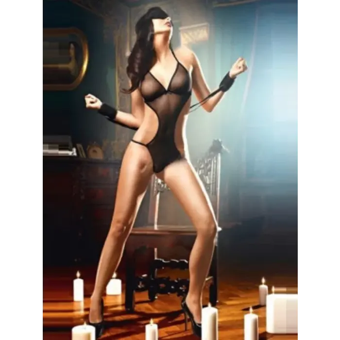 LYYN Fantezi Siyah Maskeli Kelepçeli Seksi Tül Gecelik