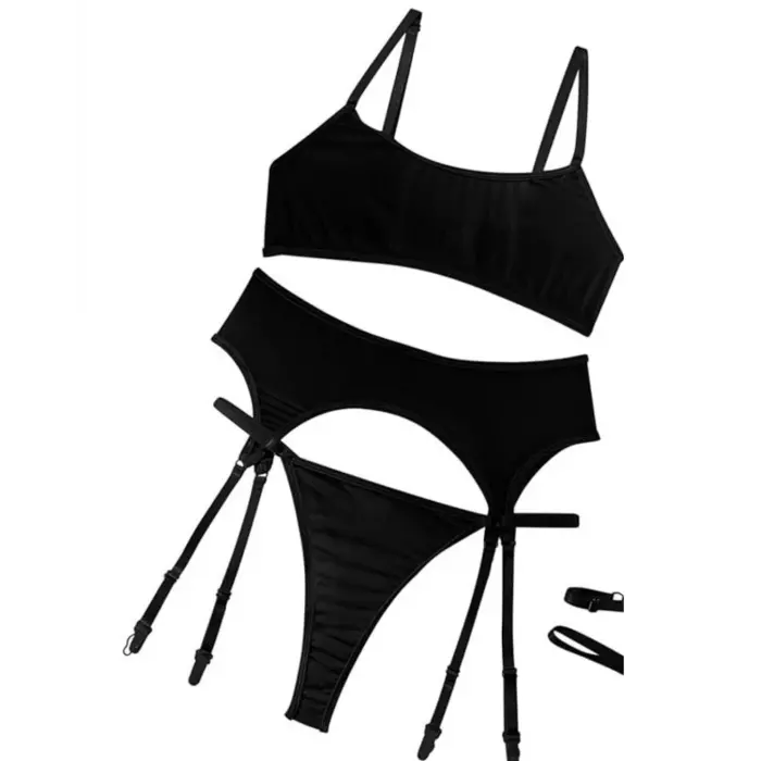 LYYN Fantezi Siyah Transparan Tül Jartiyer Takımı