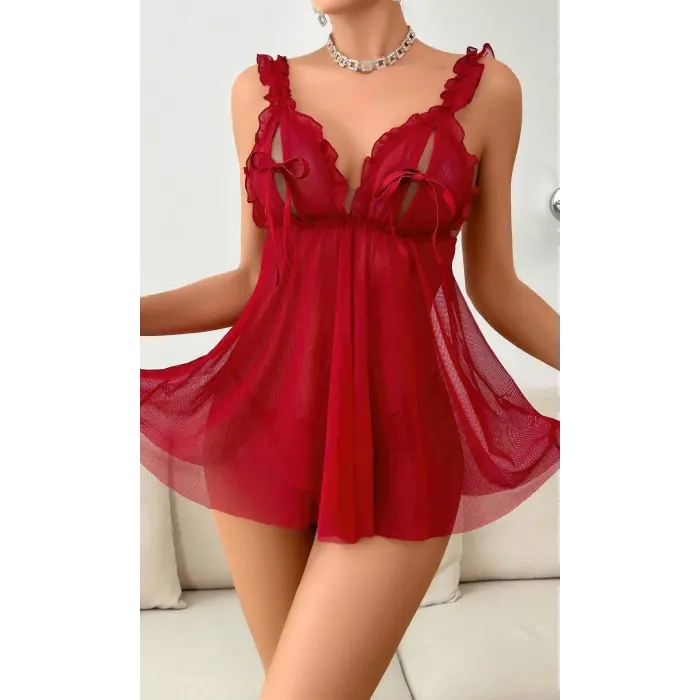 LYYN Kadın Bordo Yumuşak Tüllü Fantezi Gecelik 2109