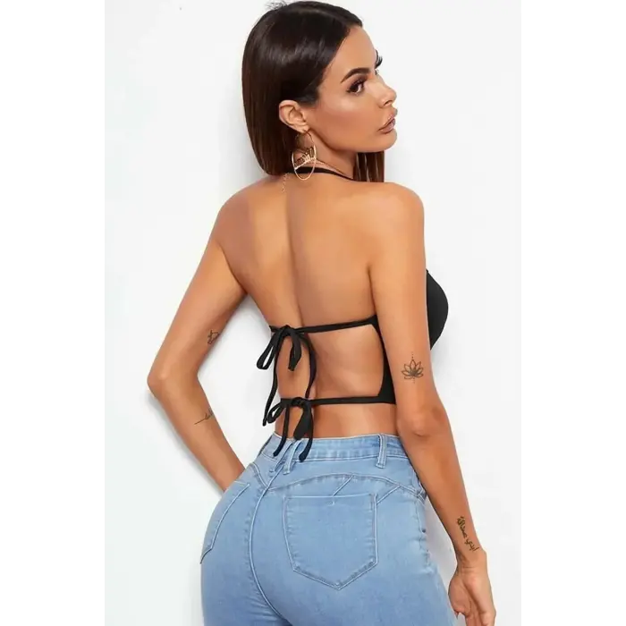LYYN Kadın Sırtı Açık Siyah Belden Bağlamalı Crop Büstiyer