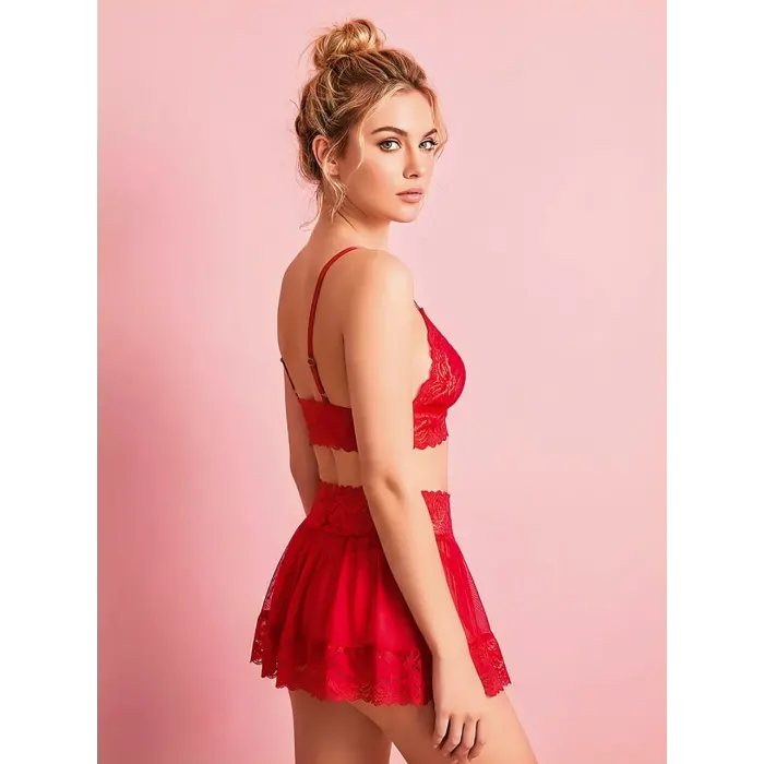 LYYN Kırmızı Dantel İşlemeli Kurdelalı Büstiyer Etek Takımı