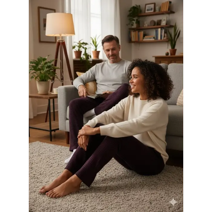 LYYN Pijalüx Tek Alt Cepli Örme Ekose Ev Pantolonu