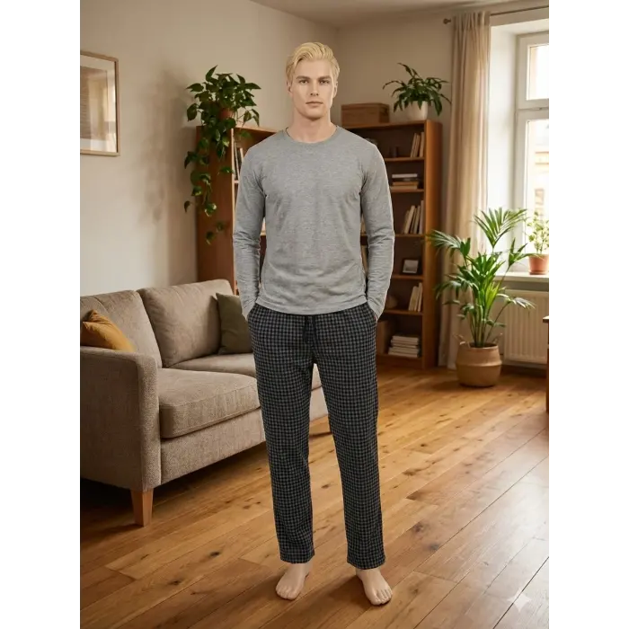 LYYN Pijalüx Tek Alt Örme Ekose Ev Pantolonu