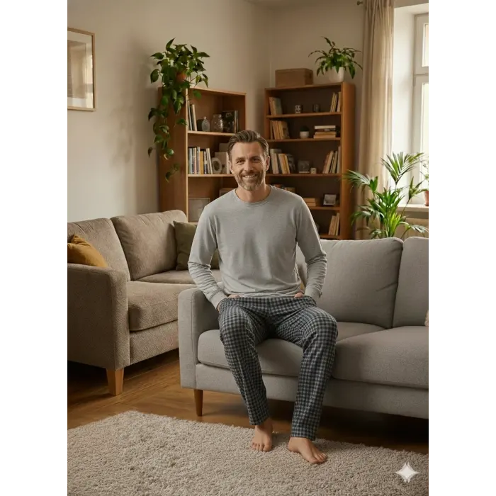 LYYN Pijalüx Tek Alt Örme Ekose Ev Pantolonu