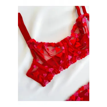 Kadın  Kalpli Kırmızı Dantelli Balenli  Sütyen Külot Takım