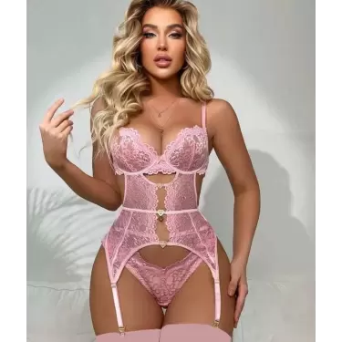LYYN Arias Closet Kalp Aksesuarlı Dantelli Fantezi Pembe Jartiyer Takım