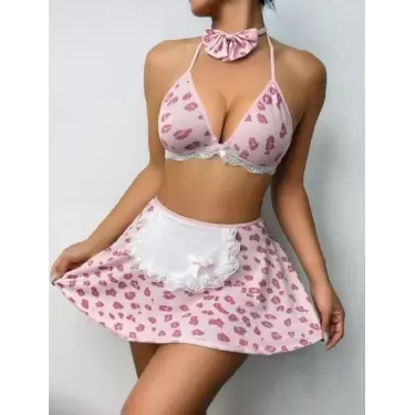 LYYN Arias Closet Pembe Öpücük Desenli Etekli Fantezi Hizmetçi Kostümü