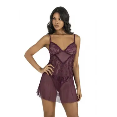 LYYN Dantel İşlemeli Mürdüm Kısa Tül Gecelik