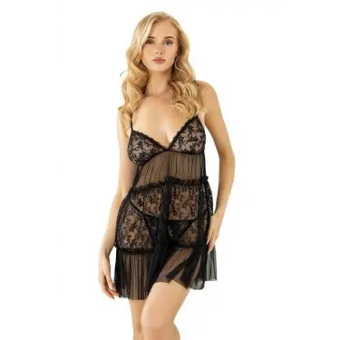 LYYN Dantel İşlemeli Siyah Kısa Tül Gecelik