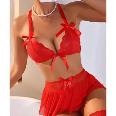 LYYN Fantazi Kırmızı Dantelli Fiyonklu Seksi Babydol