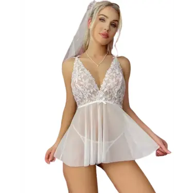 LYYN Fantezi Beyaz Dantelli Transparan Tül Etekli Seksi Elbise Gecelik