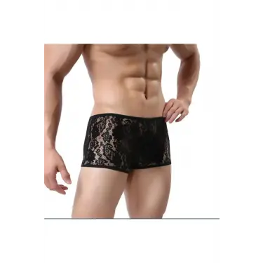 LYYN Fantezi Dantelli Seksi Siyah Erkek Boxer - Seksi Erkek İç Çamaşırı