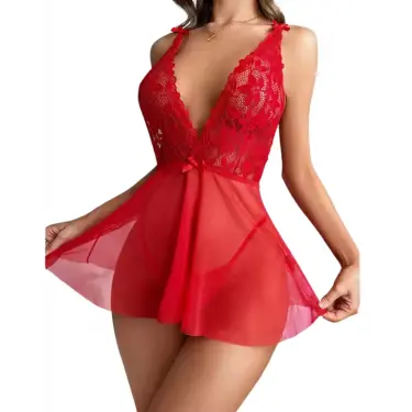 LYYN Fantezi Kırmızı Dantelli Transparan Tül Etekli Seksi Elbise Gecelik