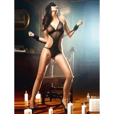 LYYN Fantezi Siyah Maskeli Kelepçeli Seksi Tül Gecelik