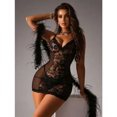 LYYN Özel Şık Tasarım Siyah Dantel İşlemeli Tül Fantezi Gecelik