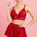 LYYN Arias Closet Kırmızı Dantel İşlemeli Kurdelalı Büstiyer Etek Takımı