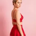 LYYN Arias Closet Kırmızı Dantel İşlemeli Kurdelalı Büstiyer Etek Takımı