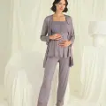 LYYN Dantelli Önü Düğmeli Hamile Lohusa 3lü Pijama Takımı