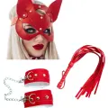LYYN Fantezi Deri Seksi Kırmızı Kedi Maske Kelepçe Kırbaç Seti ( 3lü Set)