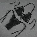 LYYN Fantezi Seksi Siyah Fiyonk Süslemeli Dantelli Sütyen String Takımı