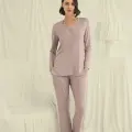 LYYN Uzun Kollu Düğmeli V Yaka Pijama Takımı