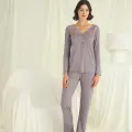 LYYN Yakası Kolu Ve Omzu Dantelli Boydan Düğmeli Pijama Takımı