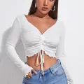 Kadın Beyaz Uzun Kollu Büzdürme Bağcık Detaylı Crop Top Bluz