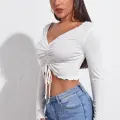Kadın Beyaz Uzun Kollu Büzdürme Bağcık Detaylı Crop Top Bluz