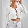 Kadın Beyaz Uzun Kollu Önden Bağlama Detaylı Crop Top Bluz