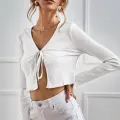 Kadın Beyaz Uzun Kollu Önden Bağlama Detaylı Crop Top Bluz