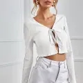 Kadın Beyaz Uzun Kollu Önden Bağlama Detaylı Crop Top Bluz