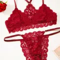 Kadın Bordo Sırtı Dantel ve İp Detaylı Şık Sütyen Külot Takımı