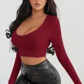 Kadın Bordo Uzun Kol Kare Yaka Crop Top Bluz