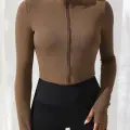 Kadın Kahverengi Uzun Kol Fermuarlı Parmak Geçme Detaylı Dik Yaka Crop Top Bluz