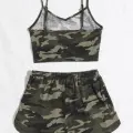 Kadın Kamuflaj Desenli Askılı Crop Top ve Şortlu Gecelik Takım