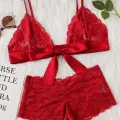 Kadın Kırmızı Dantelli & Kurdelalı Sütyen Külot Takımı